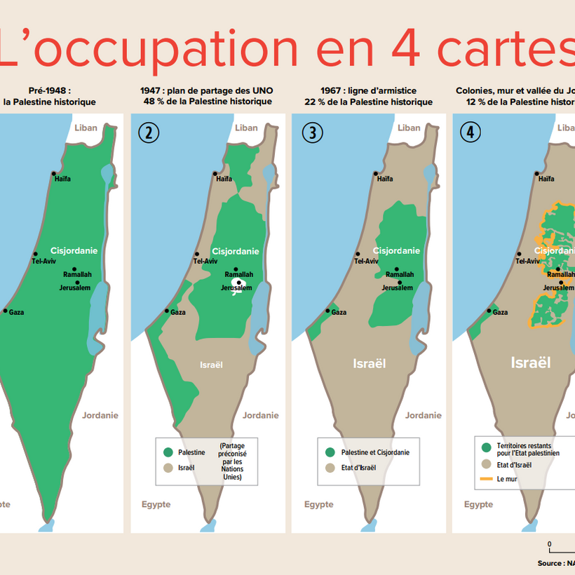 Cartes de la Palestine montrant l'évolution de sa colonisation.