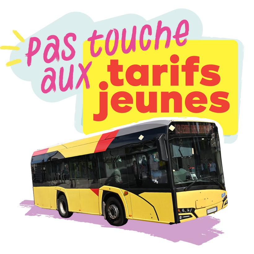 Image d'un bus TEC avec le slogan "Pas touche aux tarifs jeunes"