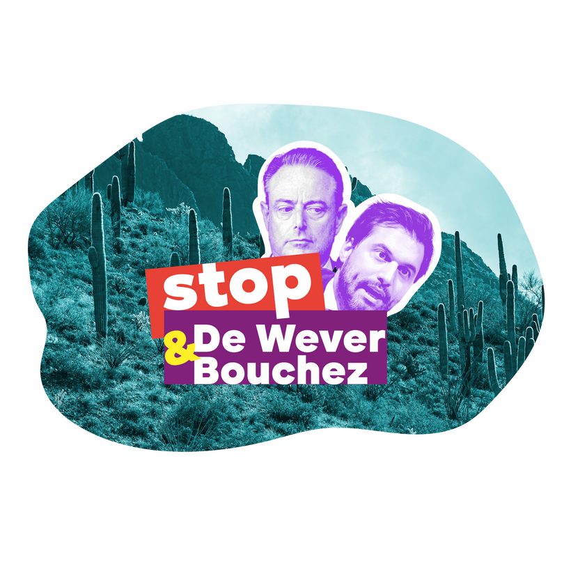 Image des têtes de Bart De Wever et Georges-Louis Bouchez avec le texte "Stop De Wever & Bouchez"