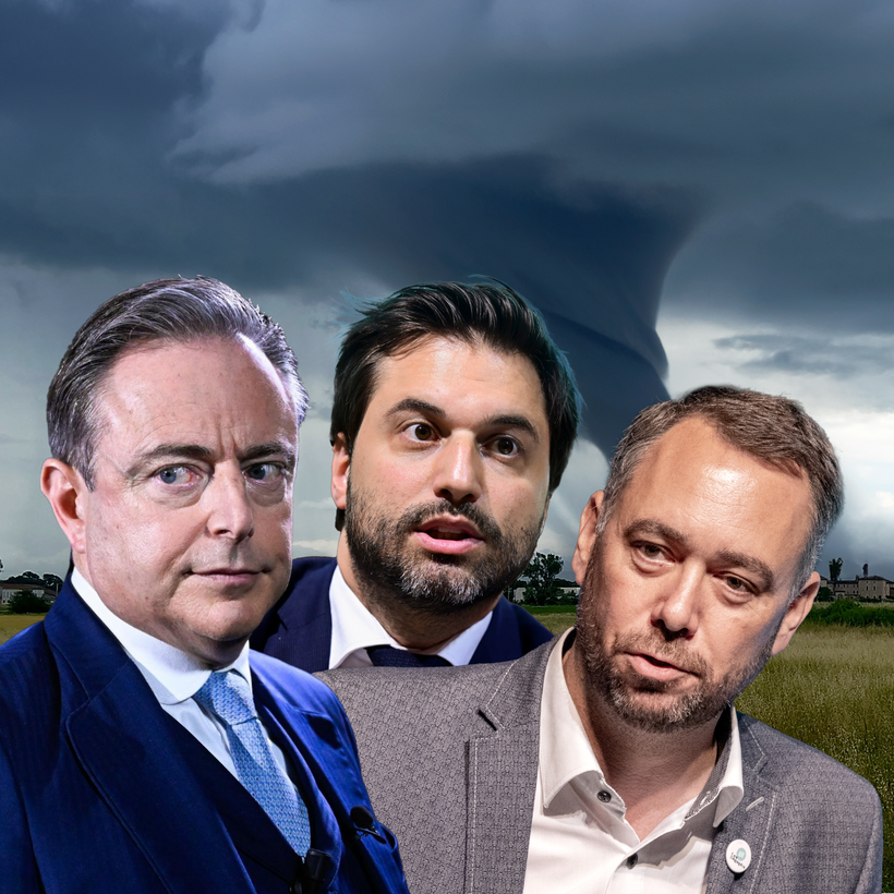 Montage des têtes de Bart De Wever, Georges-Louis Bouchez et Maxime Prévot sur fond de tornade.