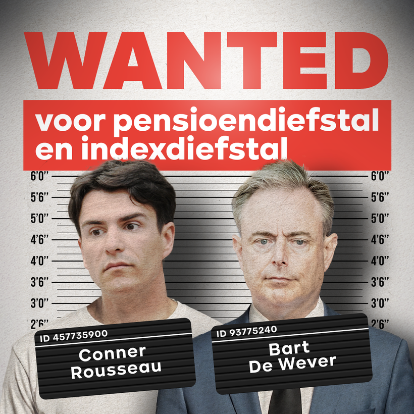 Afbeelding van de campagne “Wanted” van de PTB, met een mugshot van Bart De Wever en Georges-Louis Bouchez en de tekst “Wanted voor pensioendiefstal en indexdiefstal”.