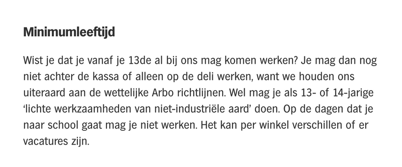 Een screenshot van de website van Albert Heijn. Er staat te lezen dat je al vanaf 13 jaar kan werken als jobstudent.