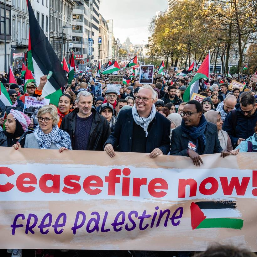 PVDA-blok tijdens een betoging voor een staakt-het-vuren in Palestina