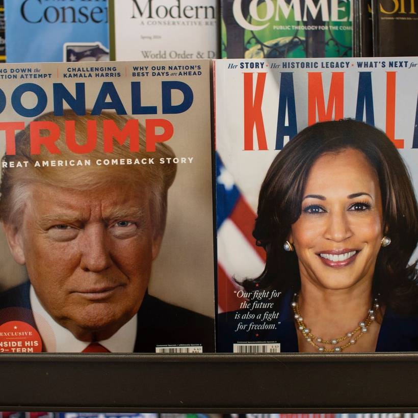 Photo de deux magazines : l'un avec Donald Trump sur la couverture, l'autre avec Kamala Harris sur la couverture