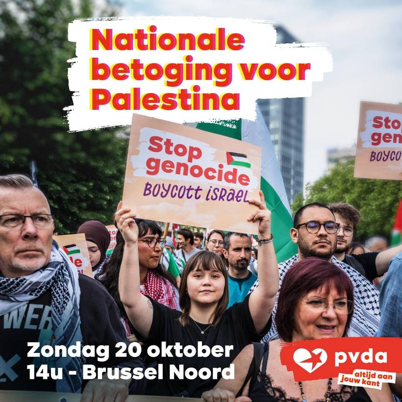 Visual met de oproep voor de nationale betoging van 20 oktober. Op het beeld: een jonge vrouw houdt een bord omhoog met de tekst “Stop genocid. Free Palestine”