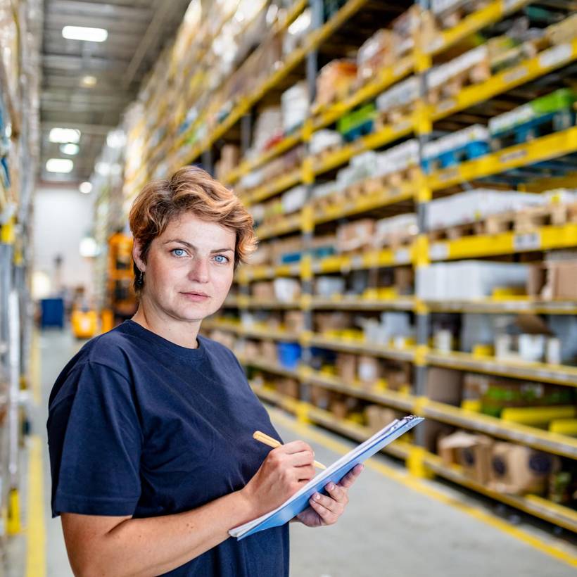 Foto van een vrouw die in een magazijn werkt.