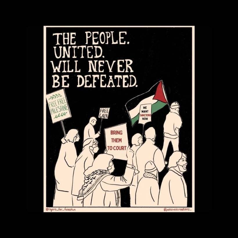 Dessin de personnes manifestant avec le message : « The people united will never be defeated. »