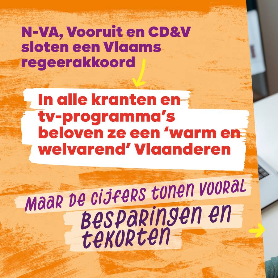 beeld 2: N-VA, Vooruit en CD&V sloten een Vlaams regeerakkoord ⇒ in alle kranten en tv-programma’s beloven ze een ‘warm en welvarend’ Vlaanderen. Maar de cijfers tonen vooral besparingen en tekorten.