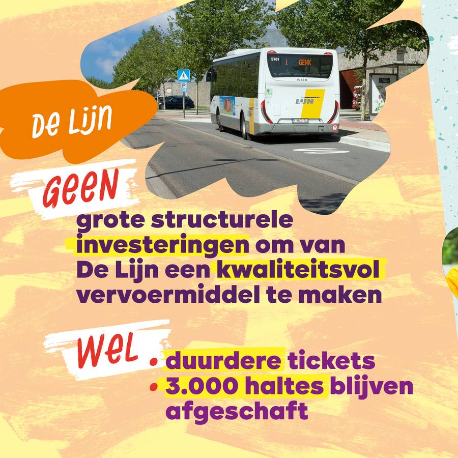 beeld 4: De Lijn. GEEN grote structurele investeringen om van De Lijn een kwaliteitsvol vervoermiddel te maken. WEL duurdere tickets / 3.000 haltes blijven afgeschaft.