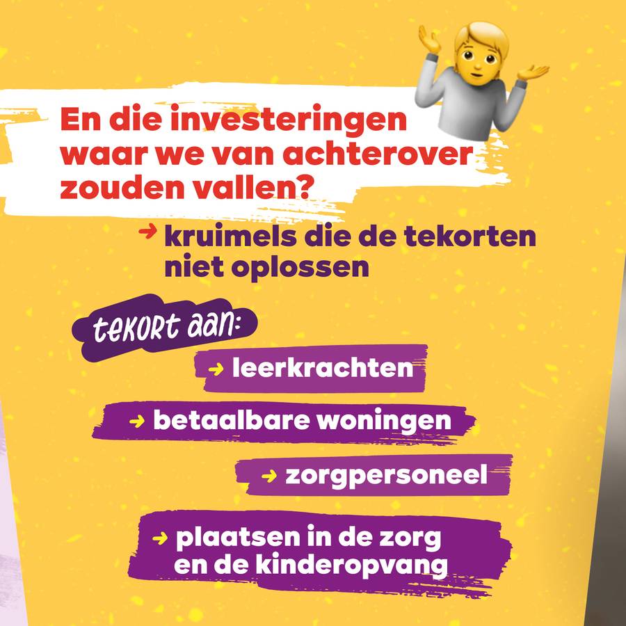 beeld 7: En die investeringen waarvan we achterover zouden vallen? Dat zijn kruimels die de tekorten niet oplossen. Tekort aan: leerkrachten / betaalbare woningen / zorgpersoneel / plaatsen in de zorg en de kinderopvang.