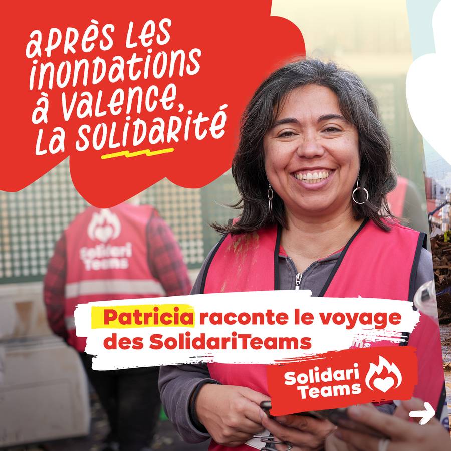 Carrousel SolidariTeams 1 : portrait de Patricia Polanco à Valence avec la veste des SolidariTeams. Texte : Après les inondations à Valence, la solidarité. Patricia raconte le voyage des SolidariTeams