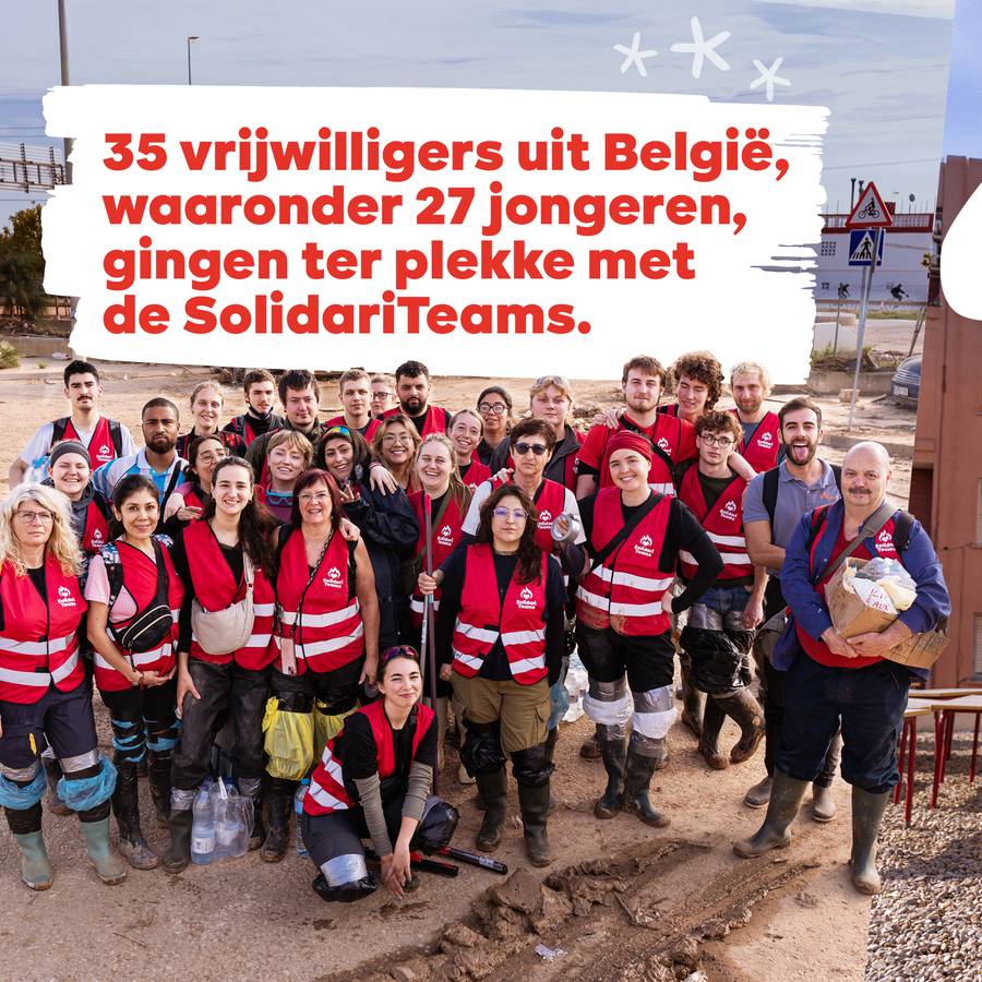 SolidariTeams 3 : groepsfoto van de SolidariTeams. Tekst: 35 vrijwilligers ui België, waaronder 27 jongeren, gingen ter plekke met de SolidariTeams.