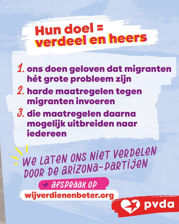 Hun doel = verdeel en heers. 1) Ons doen geloven dat migranten hƩt grote probleem zijn. 2) Harde maatregelen tegen migranten invoeren. 3) Die maatregelen daarna mogelijk uitbreiden naar iedereen. We laten ons niet verdelen door de Arizona-partijen.