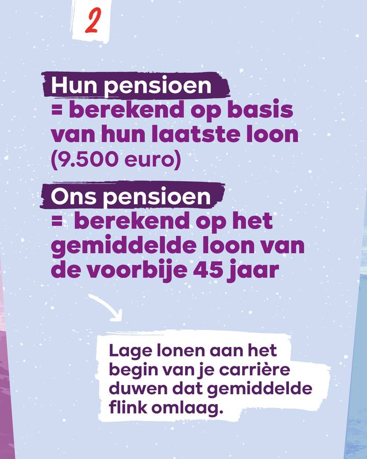 beeld 3: 2 - Hun pensioen = berekend op basis van hun laatste loon. Ons pensioen = berekend op het gemiddelde loon van de voorbije 45 jaar