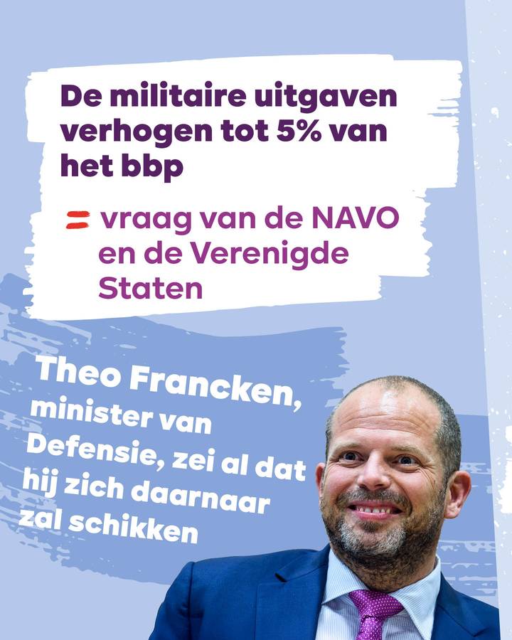 Beeld 4: De militaire uitgaven verhogen tot 5% van het bbp = vraag van de NAVO en de Verenigde Staten. Theo Francken, minister van Defensie, zei al dat hij zich daarnaar zal schikken.