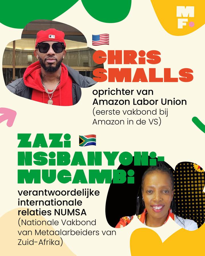 🇺🇸 Chris Smalls oprichter van Amazon Labor Union (eerste vakbond bij Amazon in de VS)  🇿🇦 Zazi Nsibanyoni-Mugambi verantwoordelijke internationale relaties NUMSA (Nationale Vakbond van Metaalarbeiders van Zuid-Afrika)