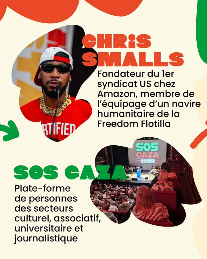 Chris Smalls Fondateur du 1er syndicat US chez Amazon,  membre de l’équipage d’un navire humanitaire de la Freedom Flotilla. SOS Gaza Plateforme de personnes des secteurs culturel, associatif, universitaire et journalistique