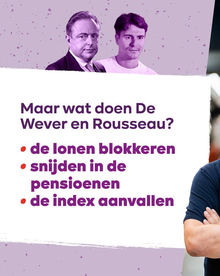 beeld 4: Maar wat doen De Wever en Rousseau? De lonen blokkeren, snijden in de pensioenen en de index aanvallen