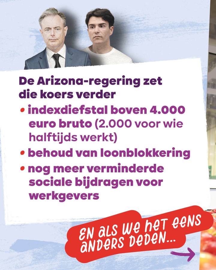 beeld 4: De Arizona-regering zet die koers verder: indexdiefstal boven 4.000 euro bruto (2.000 voor wie halftijds werkt), behoud van loonblokkering en nog meer verminderde sociale bijdragen voor werkgevers. En als we het eens anders deden… →