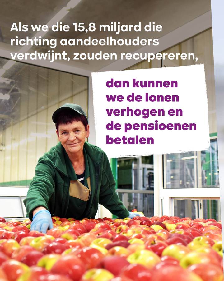 beeld 5: Als we die 15,8 miljard die richting aandeelhouders verdwijnt, zouden recupereren, dan kunnen we de lonen verhogen en de pensioenen betalen.