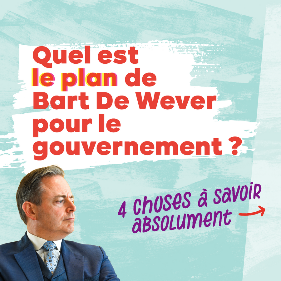 Slide 1 avec une photo de Bart De Wever. Texte : Quel est le plan de Bart De Wever pour le gouvernement ? 4 choses à savoir absolument