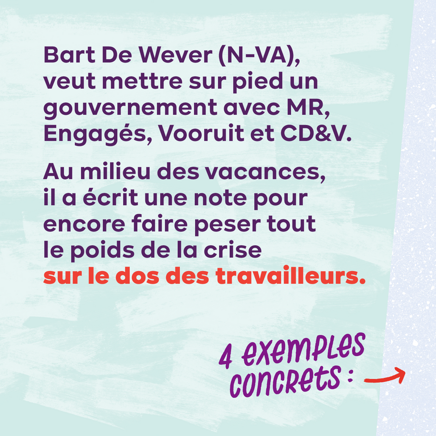 Slide 2. Texte : Bart De Wever (N-VA) veut mettre sur pied un gouvernement avec MR, Engagés, Vooruit et CD&V. Au milieu des vacances, il a écrit une note pour encore faire peser tout le poids de la crise sur le dos des travailleurs. 4 exemples concrets :