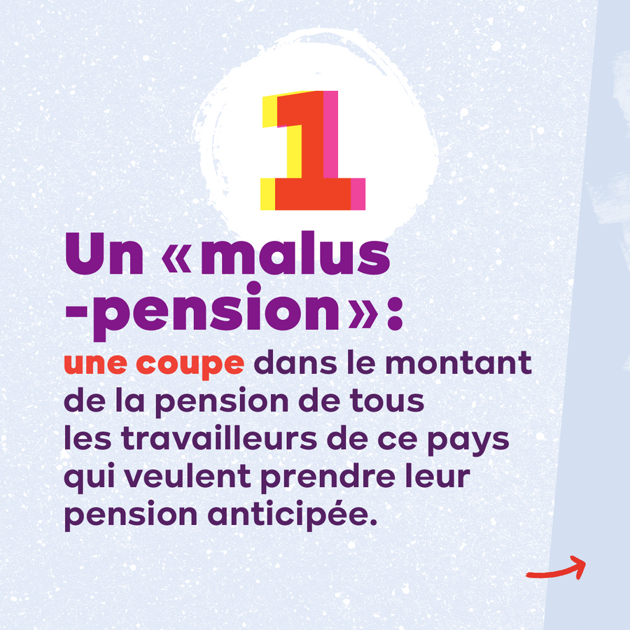 Slide 3. Texte : 1 Un "malus pension" : une coupe dans le montant de la pension de tous les travailleurs de ce pays qui veulent prendre leur pension anticipée.