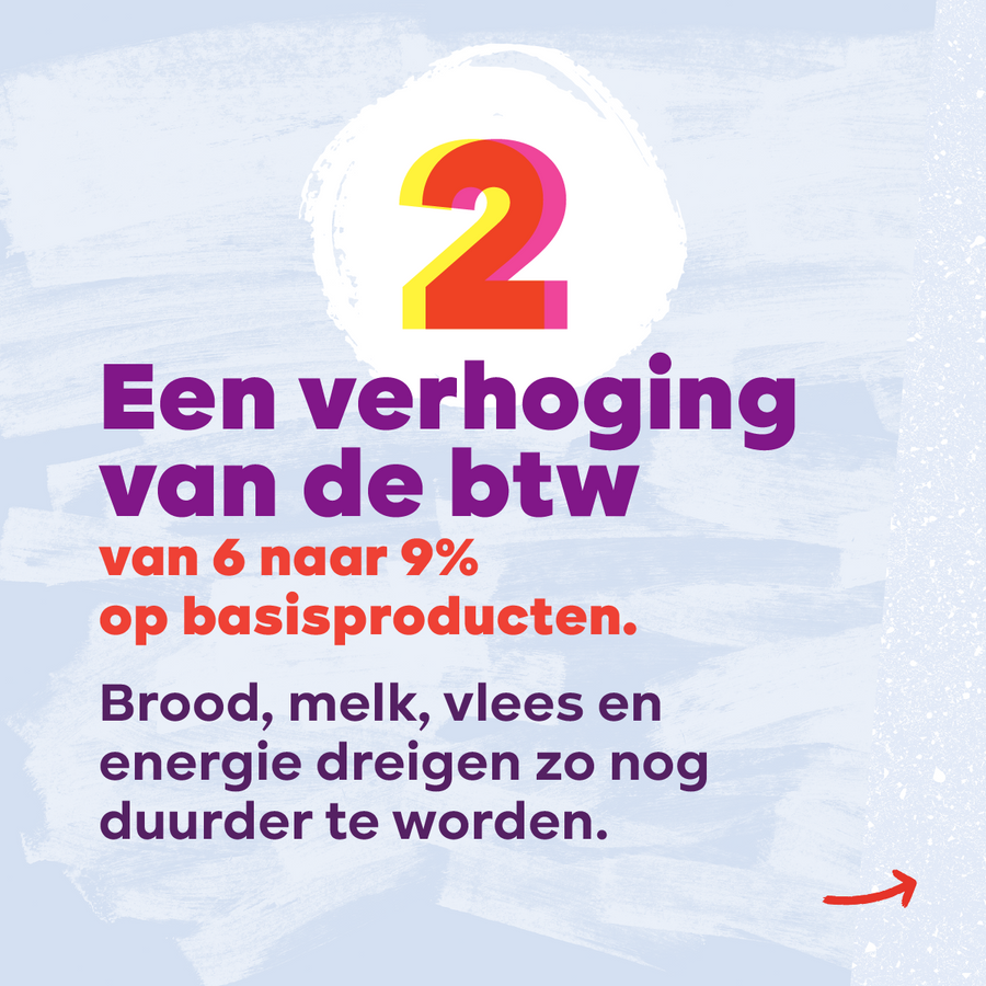 Beeld 4. 2/ → Een verhoging van de btw van 6 naar 9% op basisproducten. Brood, melk, vlees en energie dreigen zo nog duurder te worden.