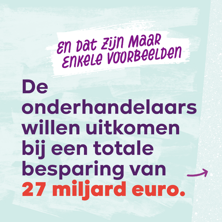 Beeld 7. En dat zijn maar enkele voorbeelden.  De onderhandelaars willen uitkomen bij een totale besparing van 27 miljard euro.