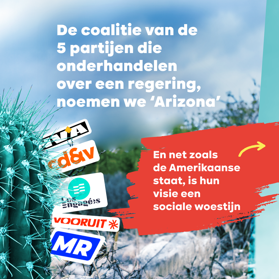 slide 2 van 10: De coalitie van de 5 partijen die onderhandelen over een regering, noemen we ‘Arizona’. En net zoals de Amerikaanse staat, is hun visie een sociale woestijn