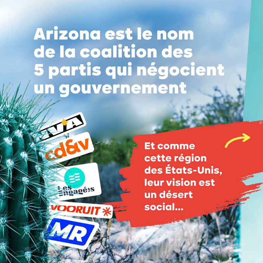 2. Image : logos de la N-VA, du MR, des Engagés, de Vooruit et du cd&v sur un cactus.Texte : Arizona est le nom de la coalition des 5 partis qui négocient un gouvernement. Et comme cette région des États-Unis, leur vision est un désert social...