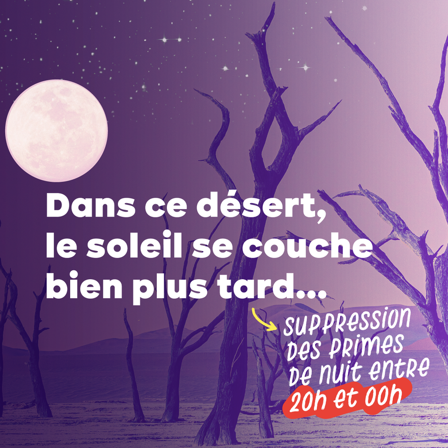 6. Image : un désert de nuit, on voit la lune et des étoiles. Texte : Dans ce désert, le soleil se couche bien plus tard : suppression des primes de nuit entre 20h et minuit