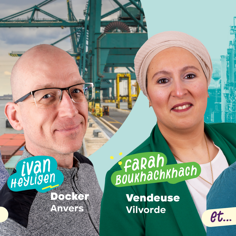 Ivan Heyligen, docker à Anvers et Farah Boukachkach, travailleuse dans la distribution à Vilvorde.