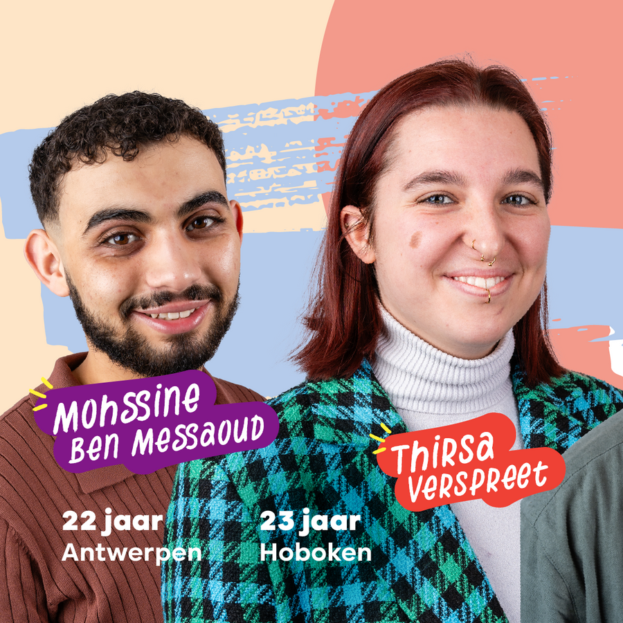 Slide 2 van 8: beeld van Mohssine Ben Messaoud (22 jaar, Antwerpen) en Thirsa Verspreet (23 jaar, Hoboken)